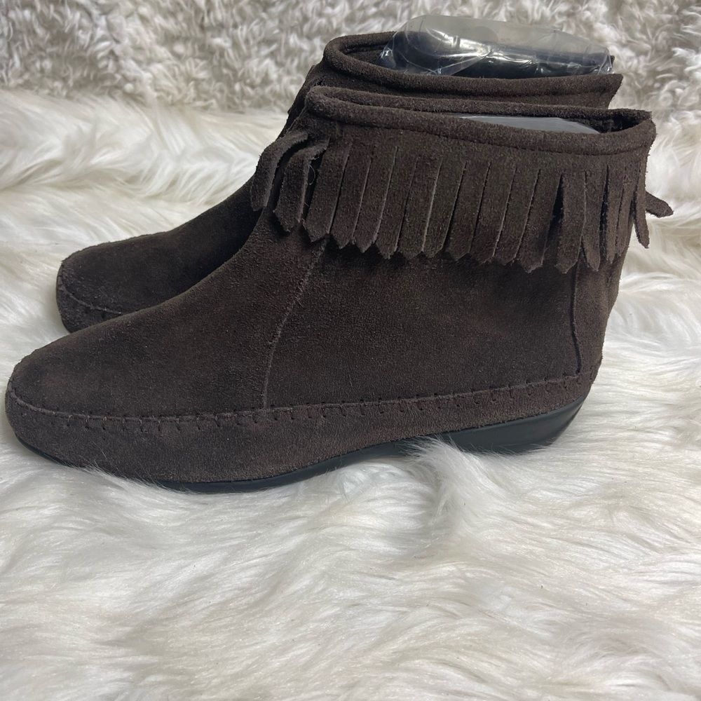 Women's Comfort Ease Kaya Brown Leather Suede Ankle Fringe Moccasin booties SZ8M